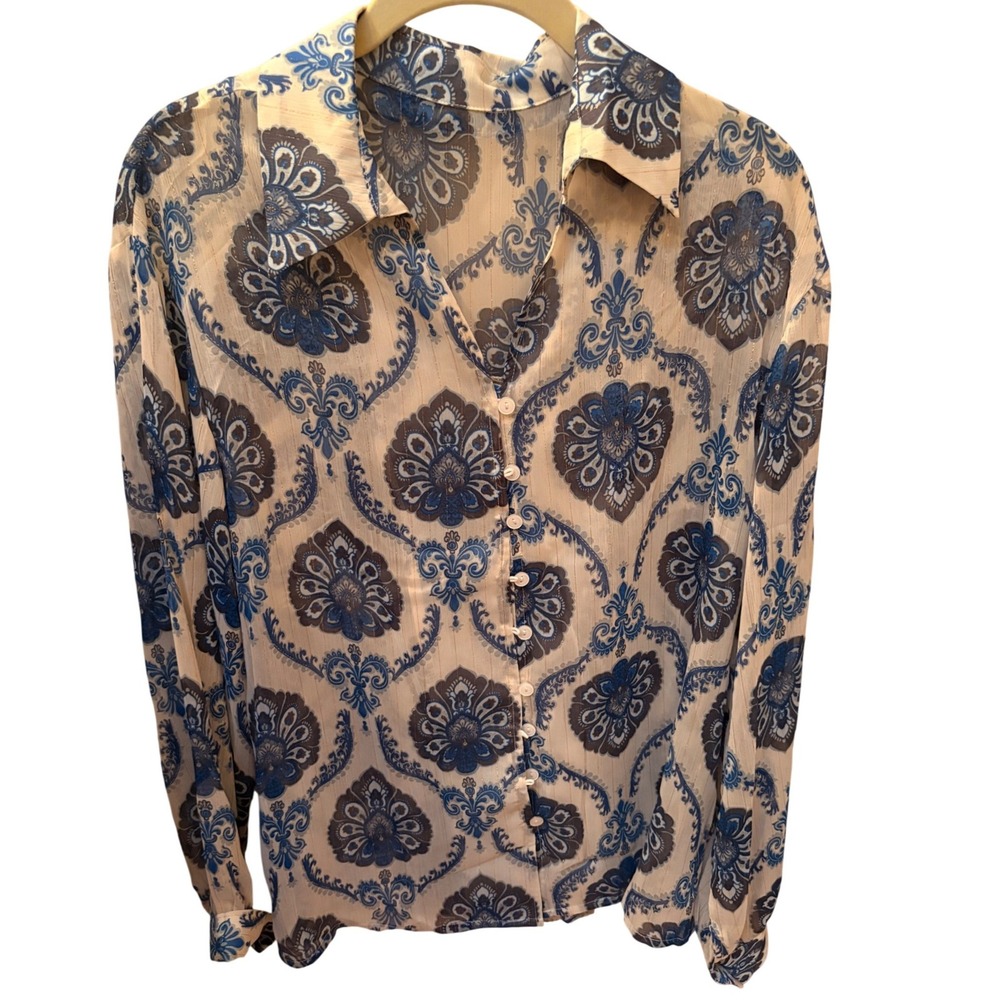 Blue Damask Paisley Button Down Blouse Metallic Gold Pinstripe Long Sleeve Top S